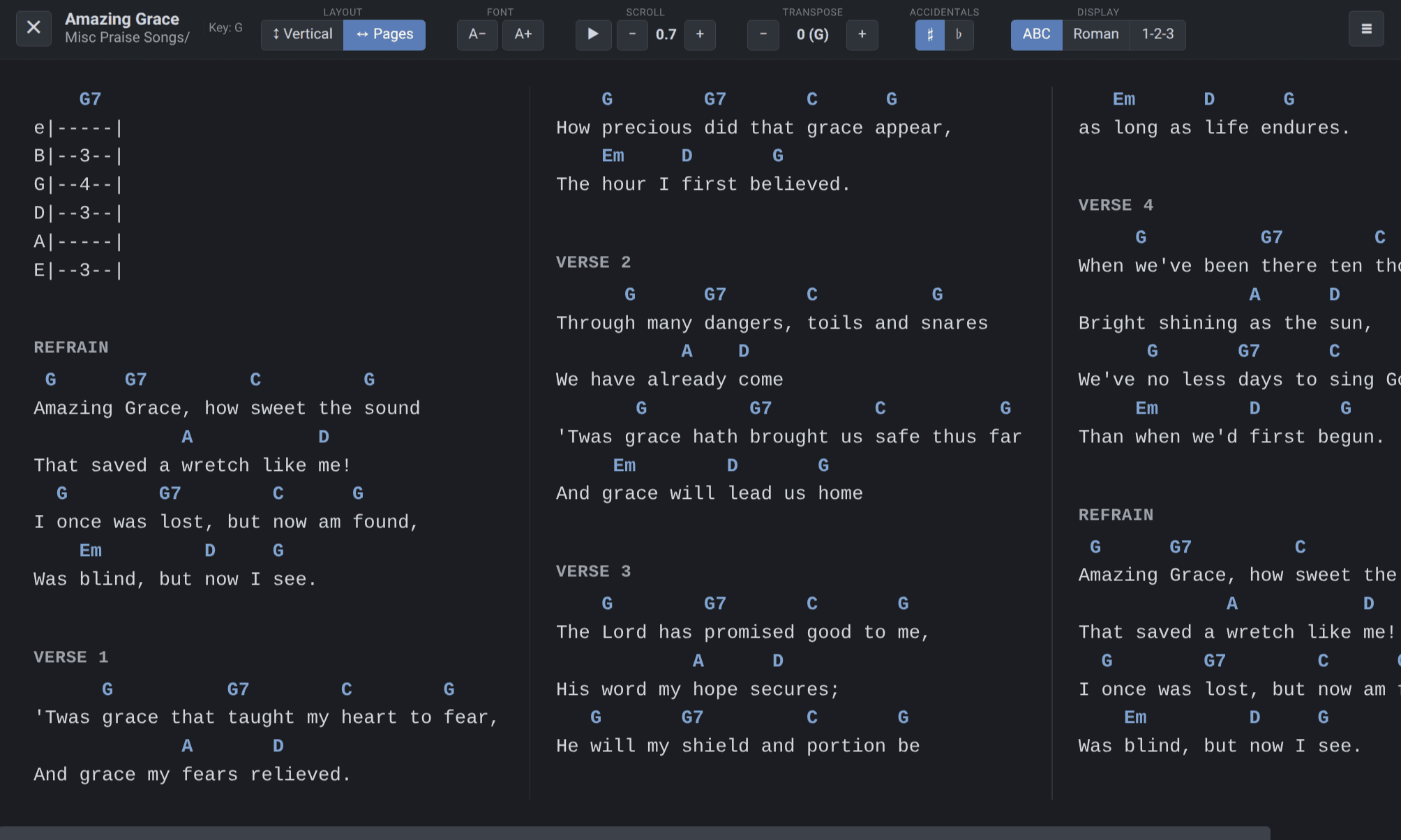 LeadSheet Chord Reader showing Amazing Grace in a dark theme, pages layout, with chords above lyrics.