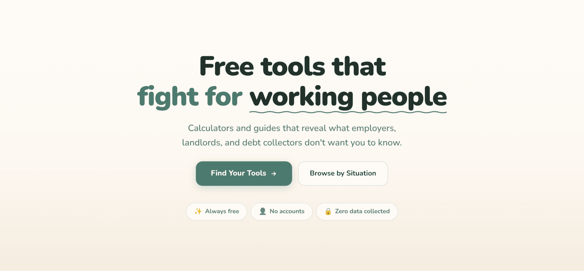 Worker's AdvoKit homepage, with the headline 'Free tools that fight for working people'.